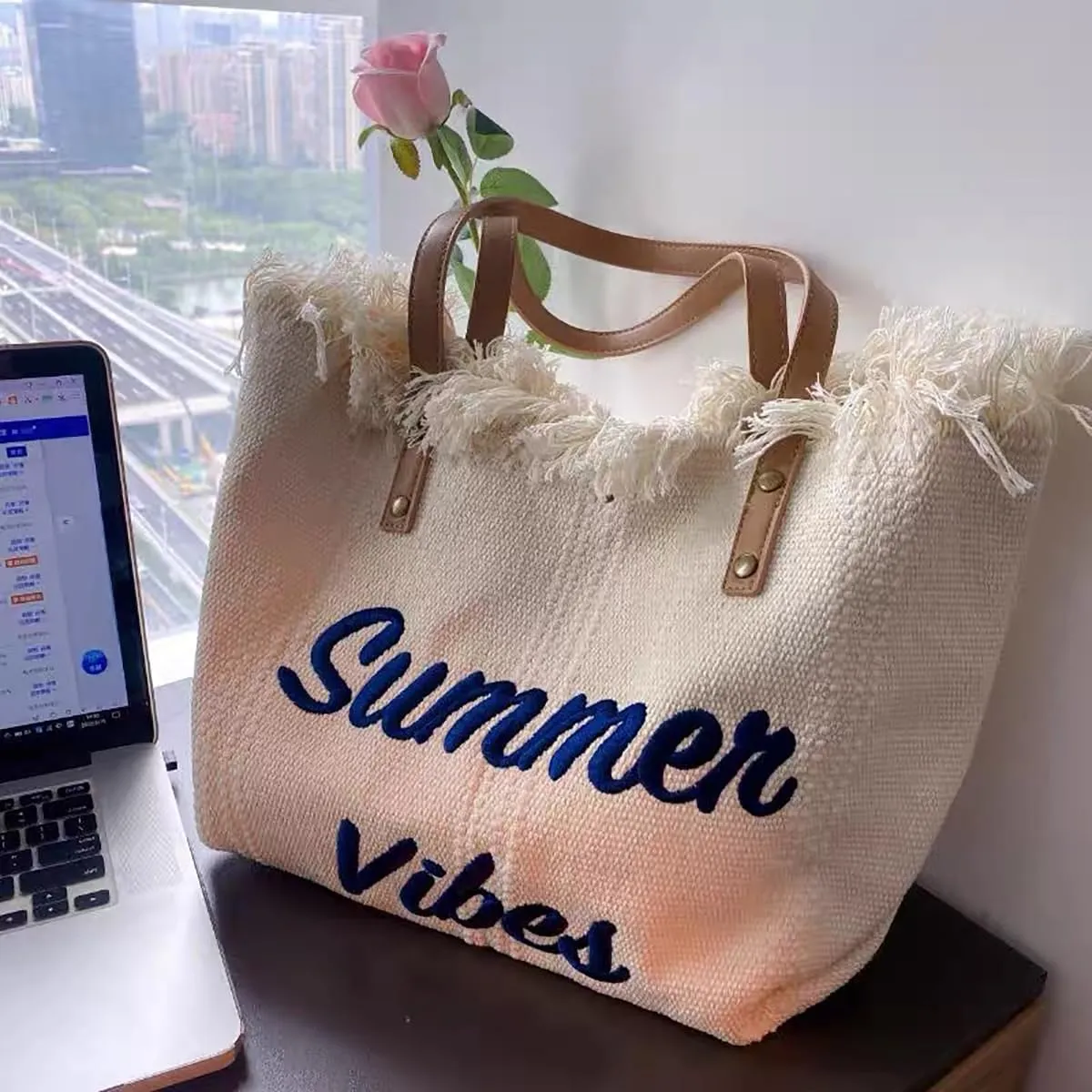 Tote handbag large capacity canvas women's shoulder bag beach bag tassel embroidery niche design temperament (write)