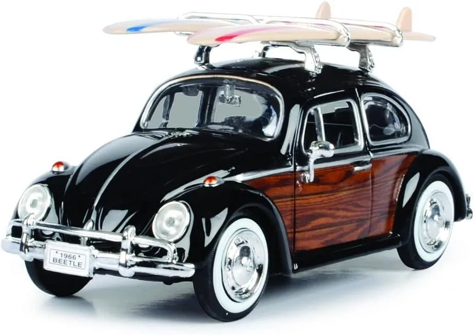 Toy Cars 1966 VW Beetle Black with Wood Panels and Two Surfboards on Roof Rack 1/24 Diecast Model Car by Motormax 79591