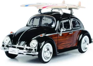 Toy Cars 1966 VW Beetle Black with Wood Panels and Two Surfboards on Roof Rack 1/24 Diecast Model Car by Motormax 79591