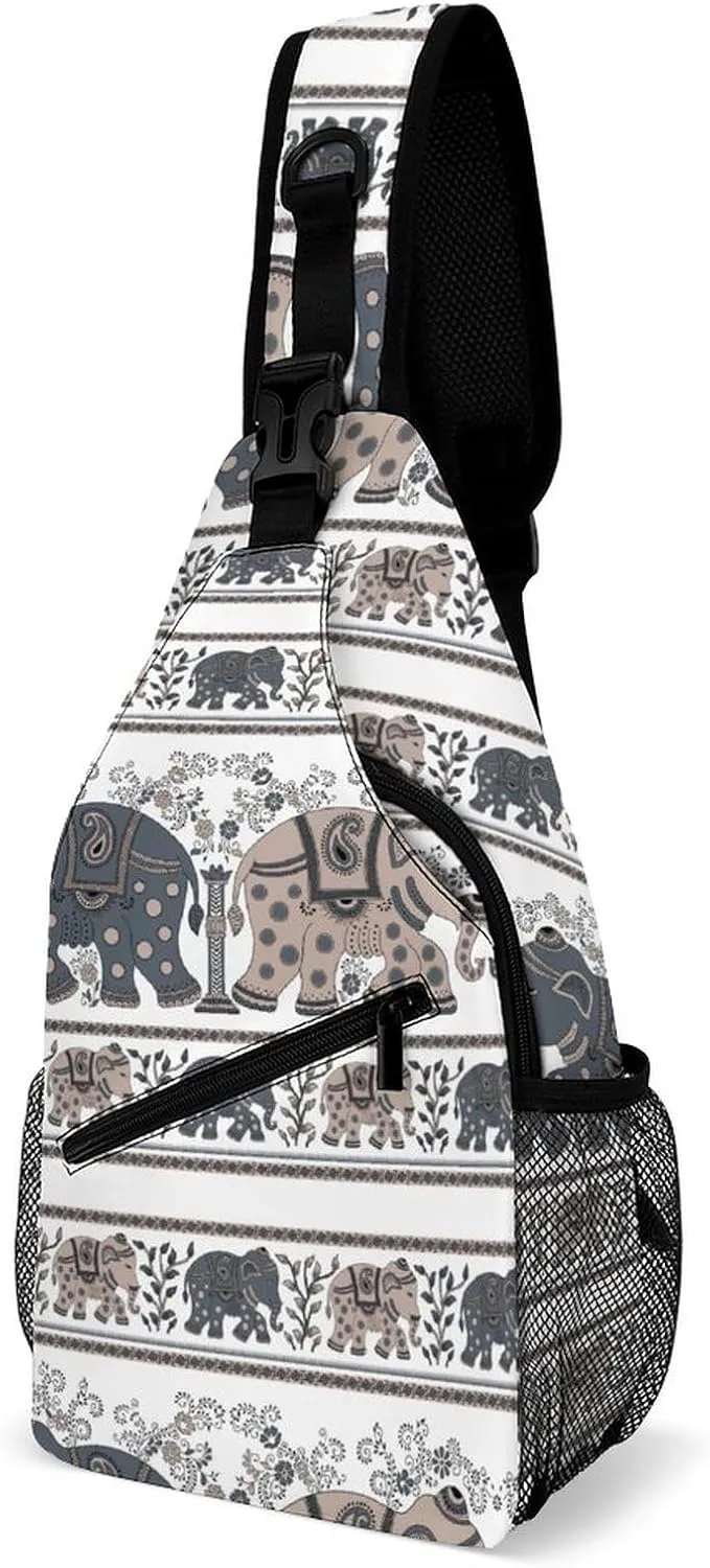 Traditional Asian Elephant Sling Bag for Women Men Tribal Ethnic Crossbody Sling Backpack with Anti Theft,Multipurpose Chest Bag for Travel,Hiking,Cycling,Camping
