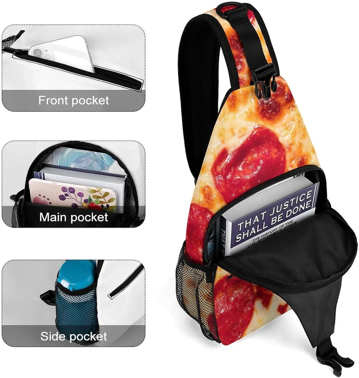 Traditional Pepperoni Pizza Sling Bag for Women Men Tasty Handma