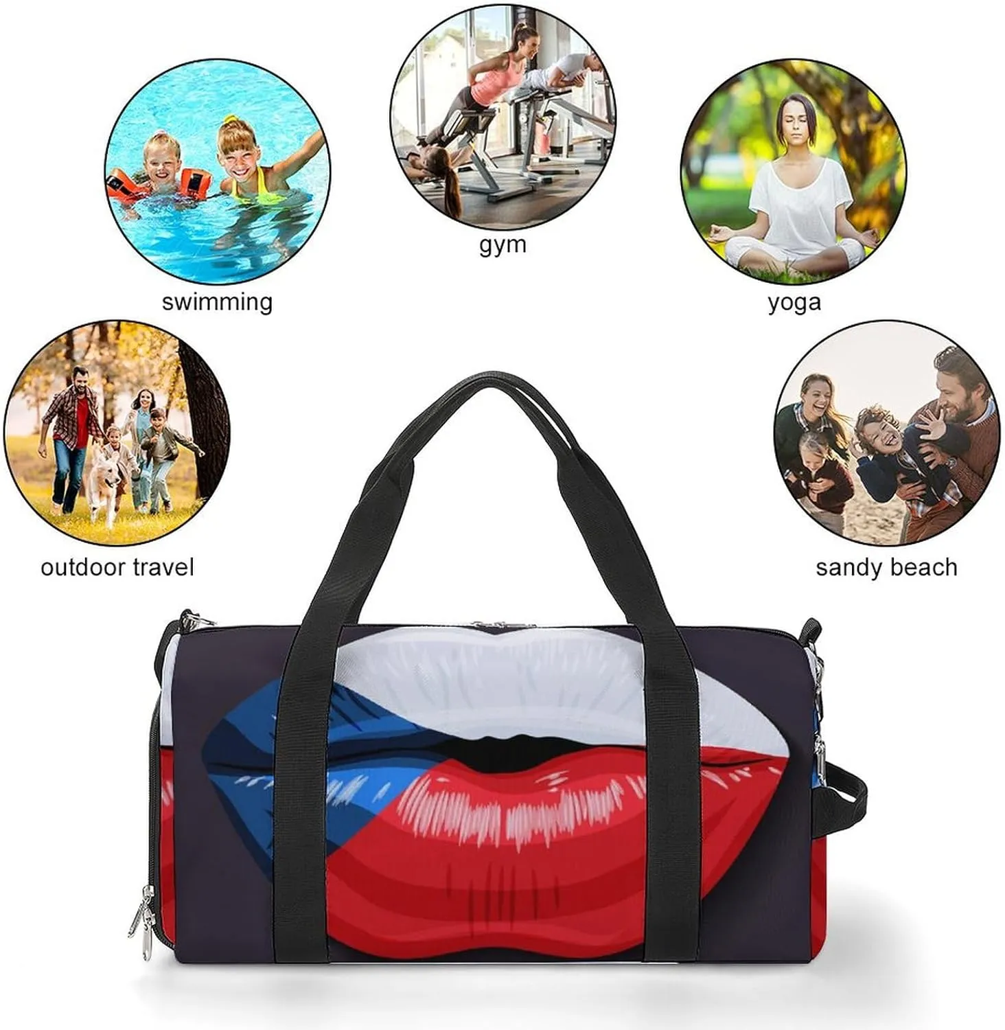Travel Duffel Bag with Czech Flag Lips for Women and Men Shoe Compartment and Wet Pocket