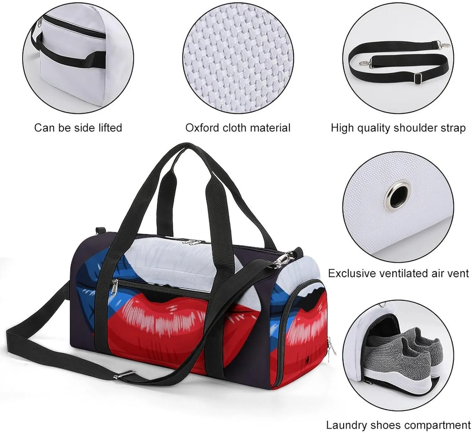 Travel Duffel Bag with Czech Flag Lips for Women and Men Shoe Compartment and Wet Pocket