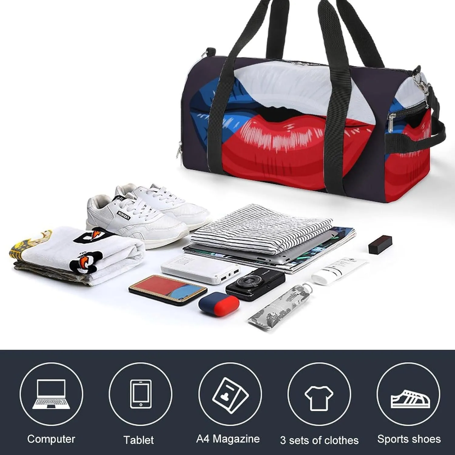 Travel Duffel Bag with Czech Flag Lips for Women and Men Shoe Compartment and Wet Pocket