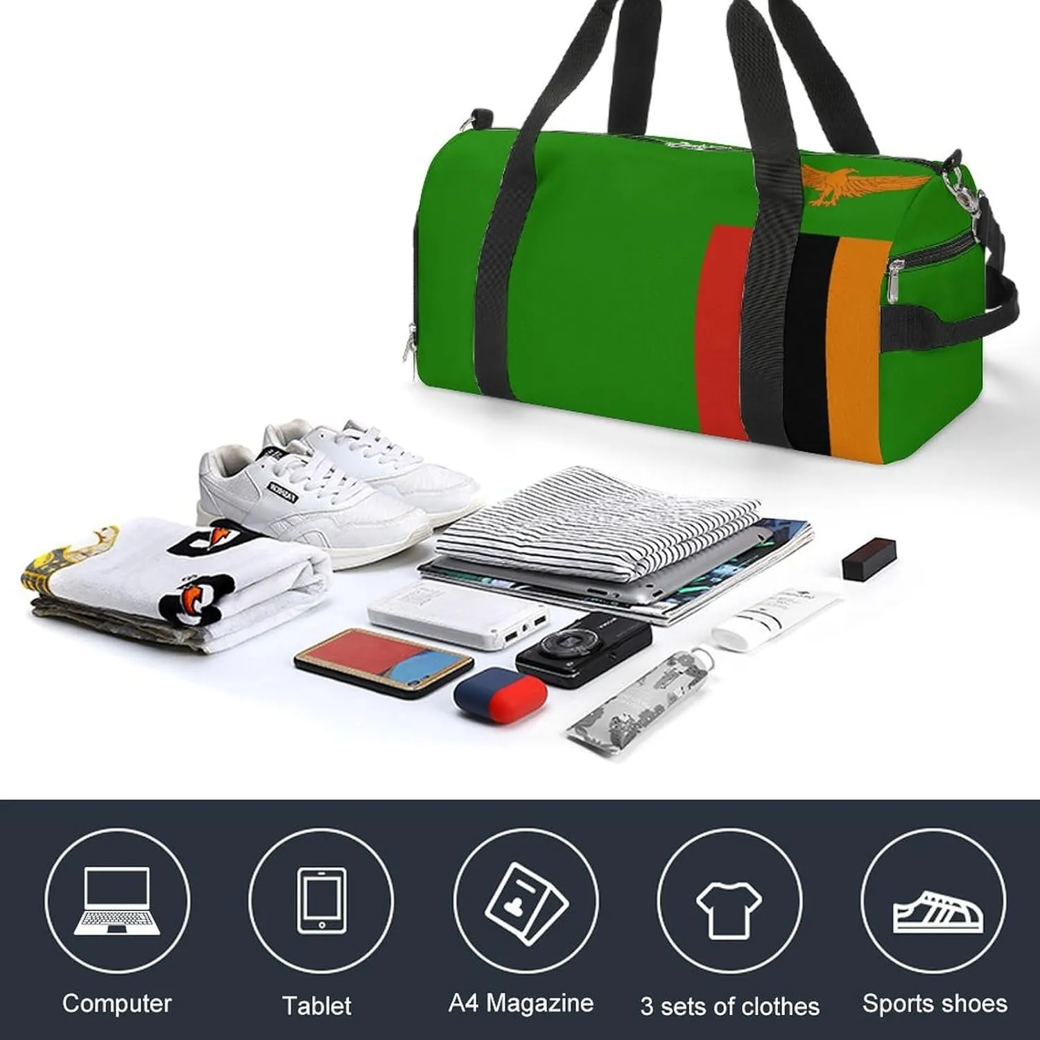 Travel Duffel with Zambia Flag for Men Women Shoe Compartment Sports Bag