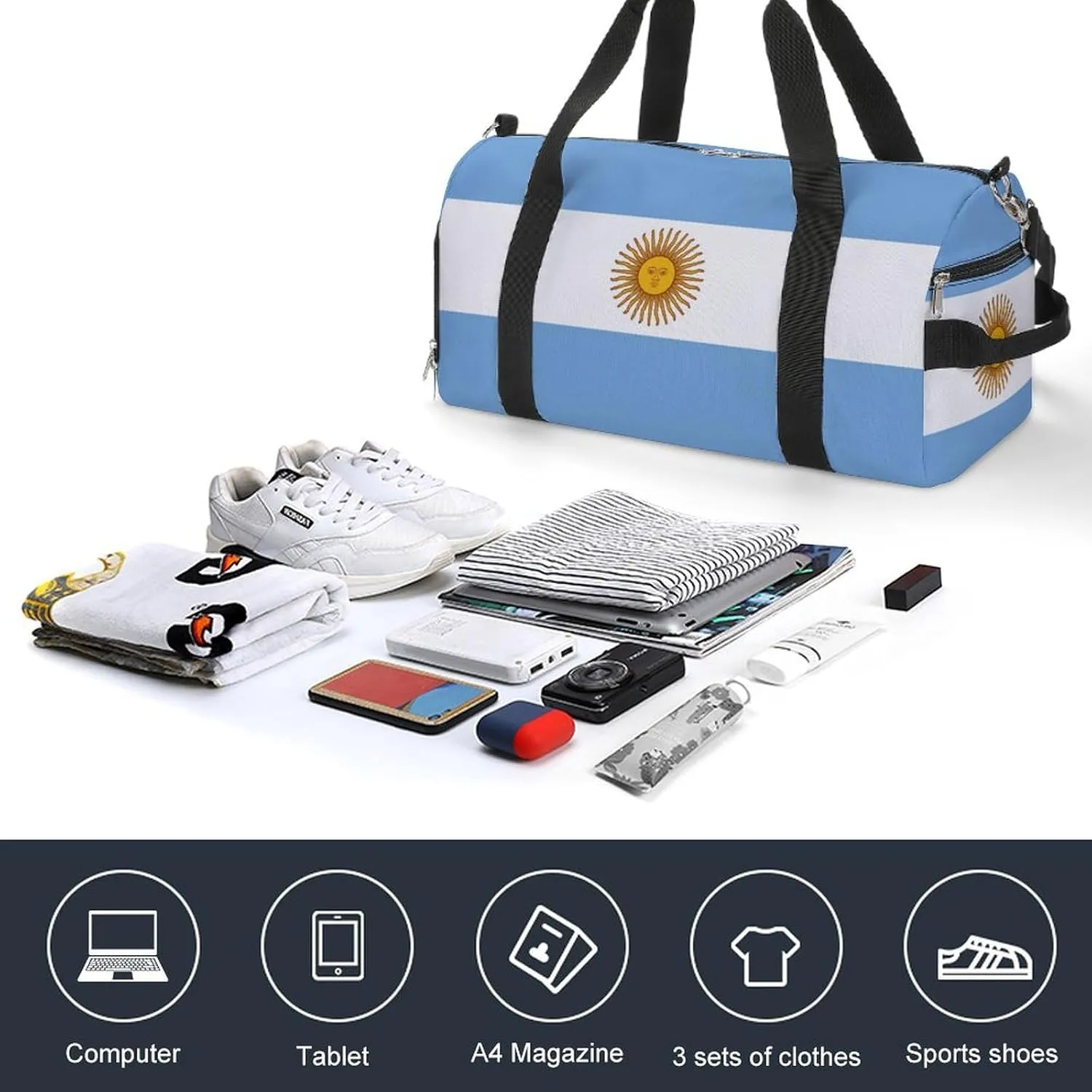 Travel Gym Bag with Argentina Flag for Men Women Weekender Shoe Compartment