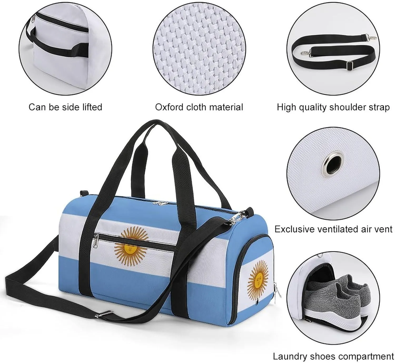 Travel Gym Bag with Argentina Flag for Men Women Weekender Shoe Compartment