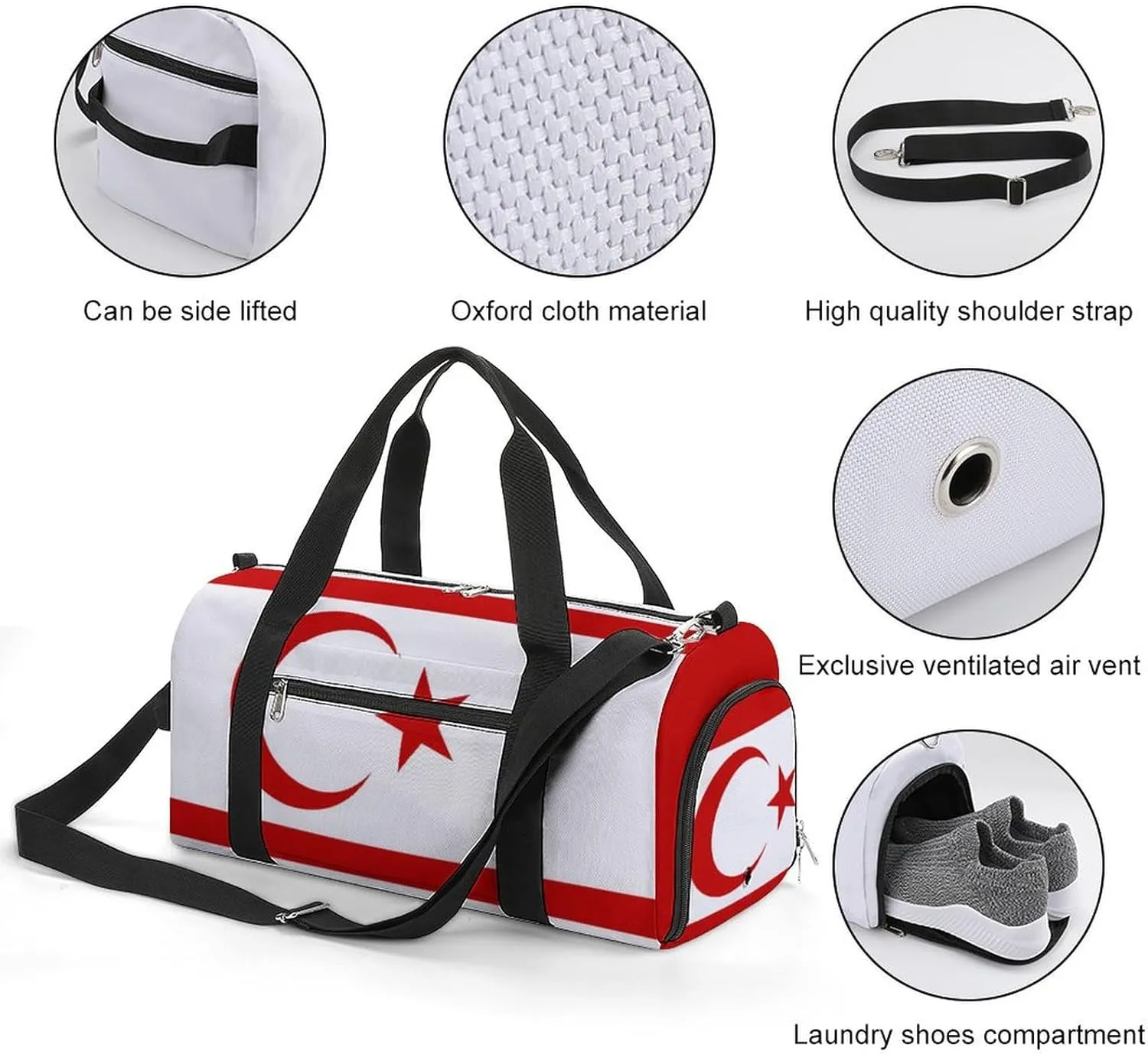 Turkish Republic Northern Cyprus Flag Duffle Bag for Sports Lightweight Waterproof Gym Bag with Shoe Compartment