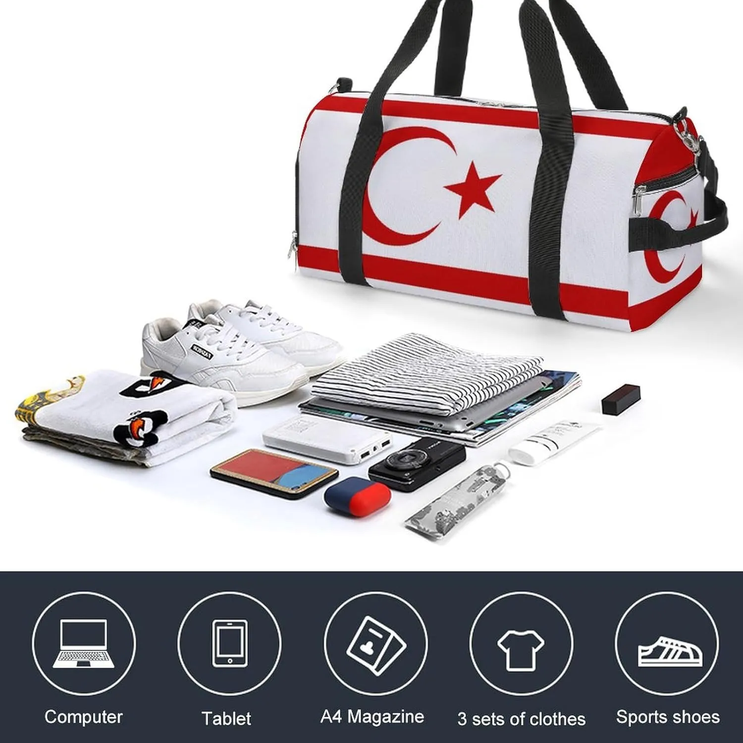 Turkish Republic Northern Cyprus Flag Duffle Bag for Sports Lightweight Waterproof Gym Bag with Shoe Compartment