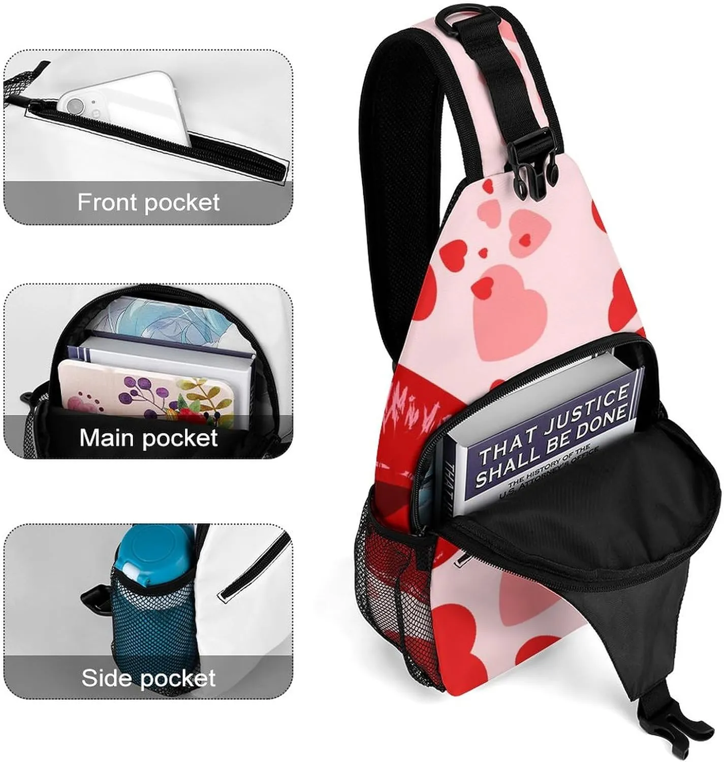 Valentines Love Lips Sling Bag for Women Men Kiss Mouth Heart Crossbody Shoulder Bag with Anti Theft,Multipurpose Chest Bag for Travel,Hiking,Cycling,Camping