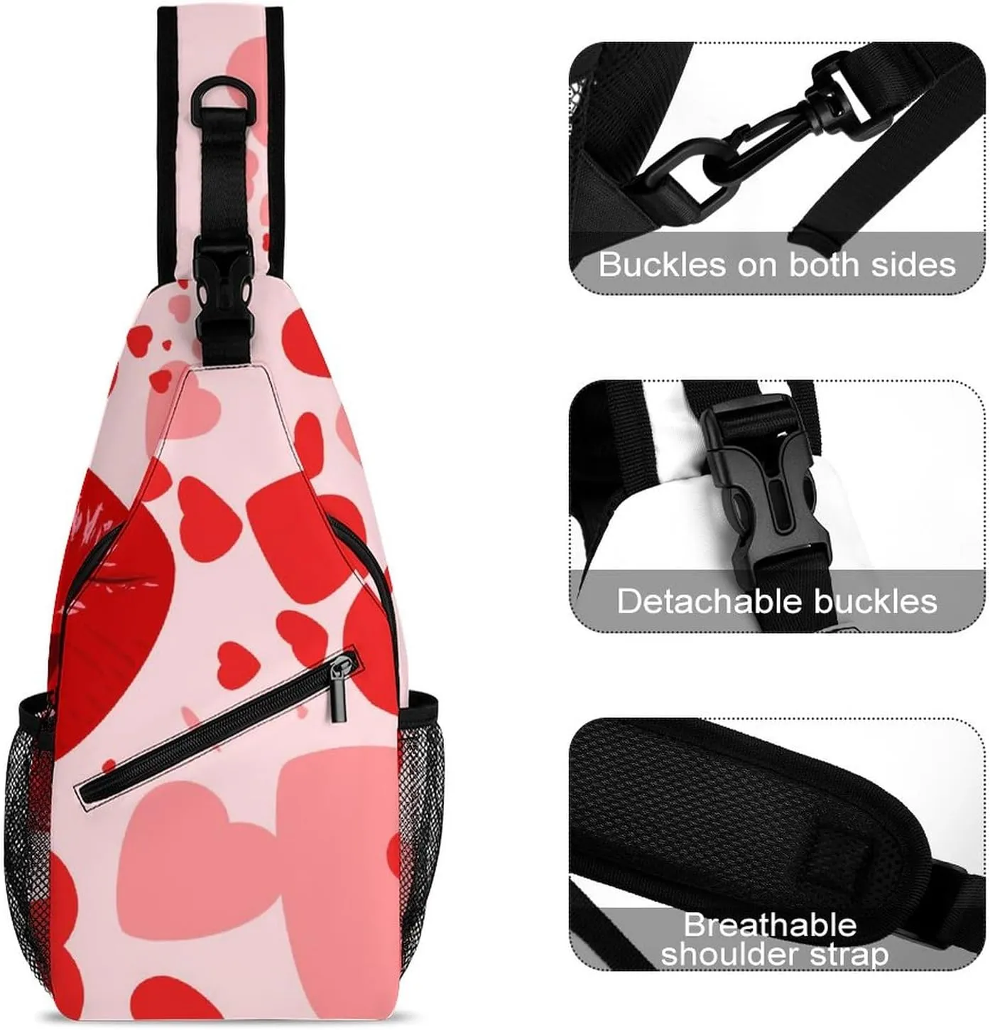 Valentines Love Lips Sling Bag for Women Men Kiss Mouth Heart Crossbody Shoulder Bag with Anti Theft,Multipurpose Chest Bag for Travel,Hiking,Cycling,Camping