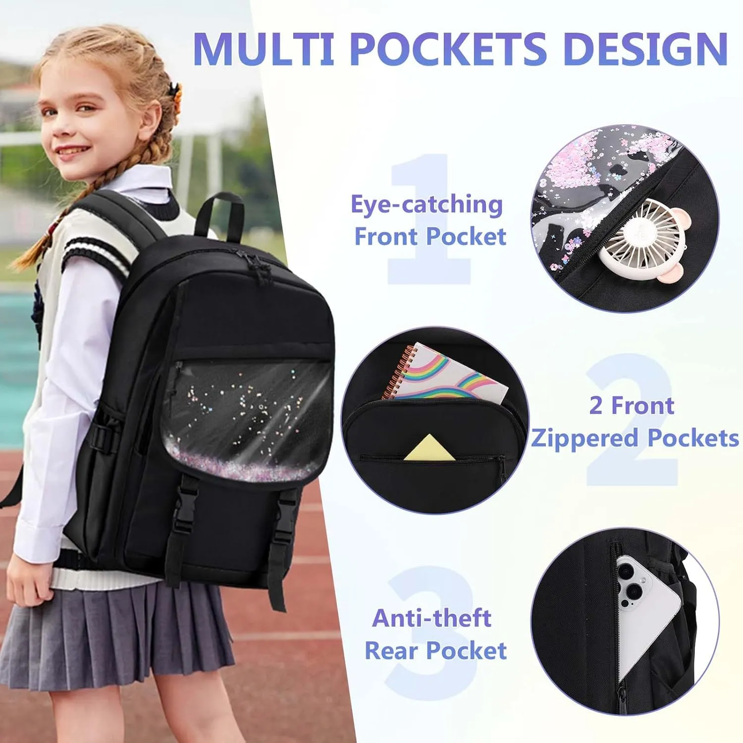 VASCHY Backpack for Girls, Cute Elementary School Bag Bookbag for Primary Schooler Kids with Sparkling Sequin Clear Pocket Black
