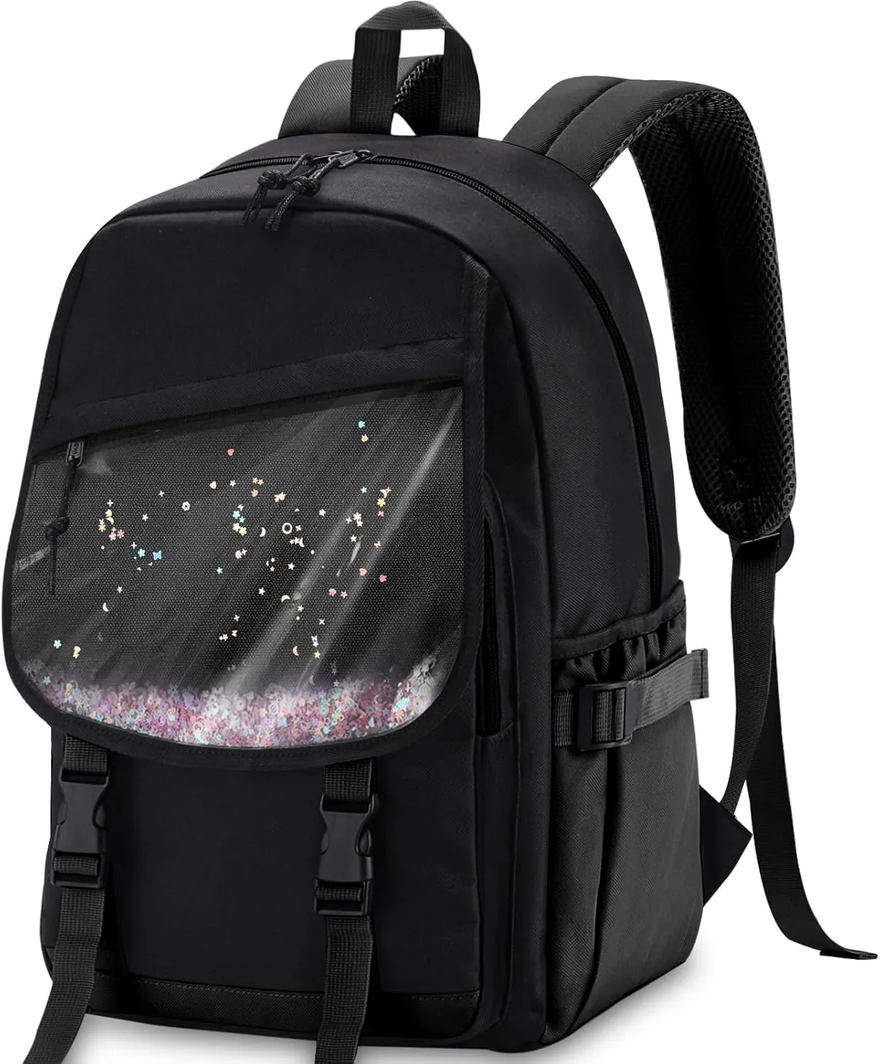 VASCHY Backpack for Girls, Cute Elementary School Bag Bookbag for Primary Schooler Kids with Sparkling Sequin Clear Pocket Black