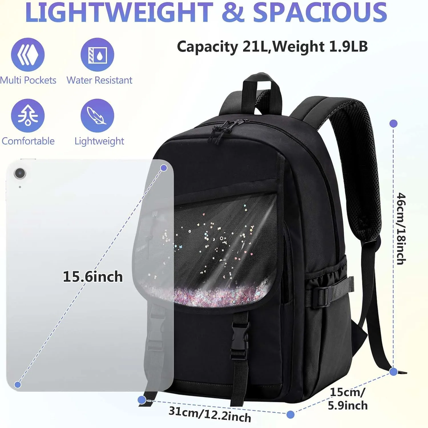 VASCHY Backpack for Girls, Cute Elementary School Bag Bookbag for Primary Schooler Kids with Sparkling Sequin Clear Pocket Black
