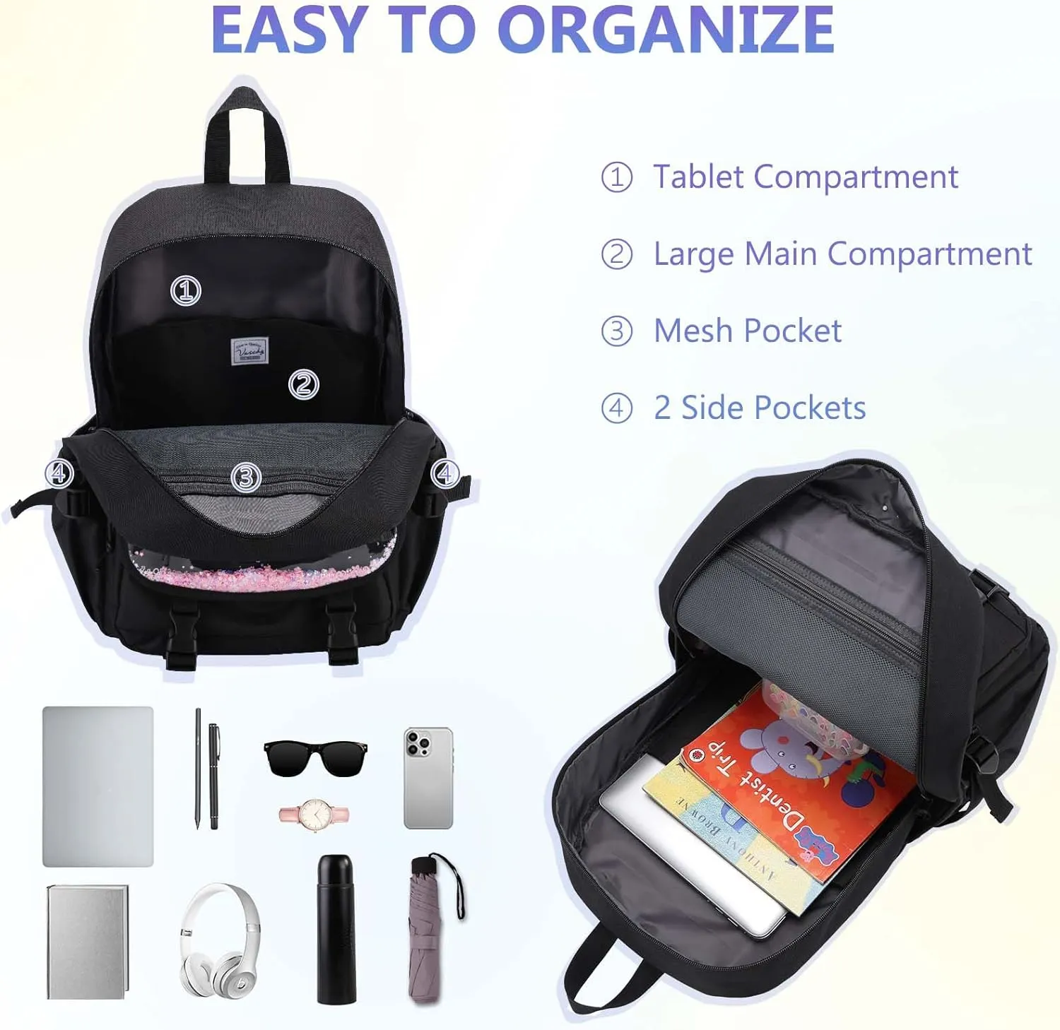 VASCHY Backpack for Girls, Cute Elementary School Bag Bookbag for Primary Schooler Kids with Sparkling Sequin Clear Pocket Black