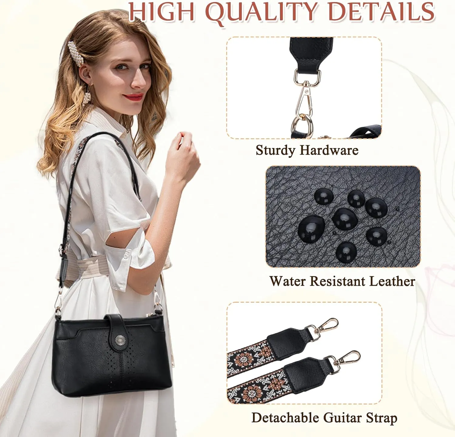 VASCHY Crossbody Bag Purse for Women, Fashion Soft Vegan Leather Small Shoulder Handbag with Detachable Guitar Strap