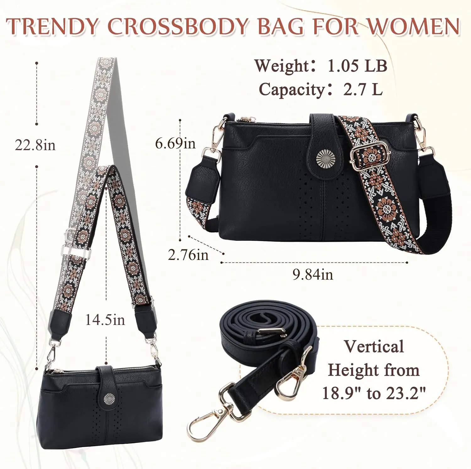 VASCHY Crossbody Bag Purse for Women, Fashion Soft Vegan Leather Small Shoulder Handbag with Detachable Guitar Strap