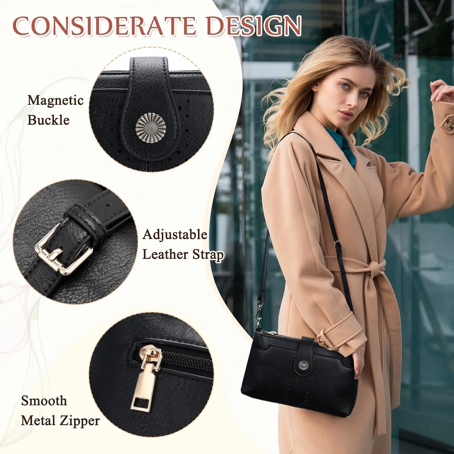 VASCHY Crossbody Bag Purse for Women, Fashion Soft Vegan Leather Small Shoulder Handbag with Detachable Guitar Strap