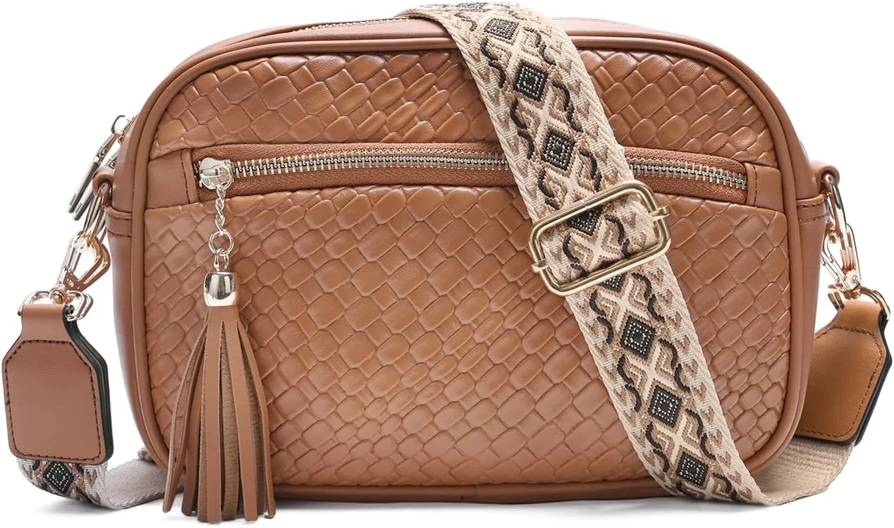 VASCHY Crossbody Purse Bags for Women, Trendy Vegan Leather Woven Small Crossover Shoulder Bag with Detachable Guitar Strap