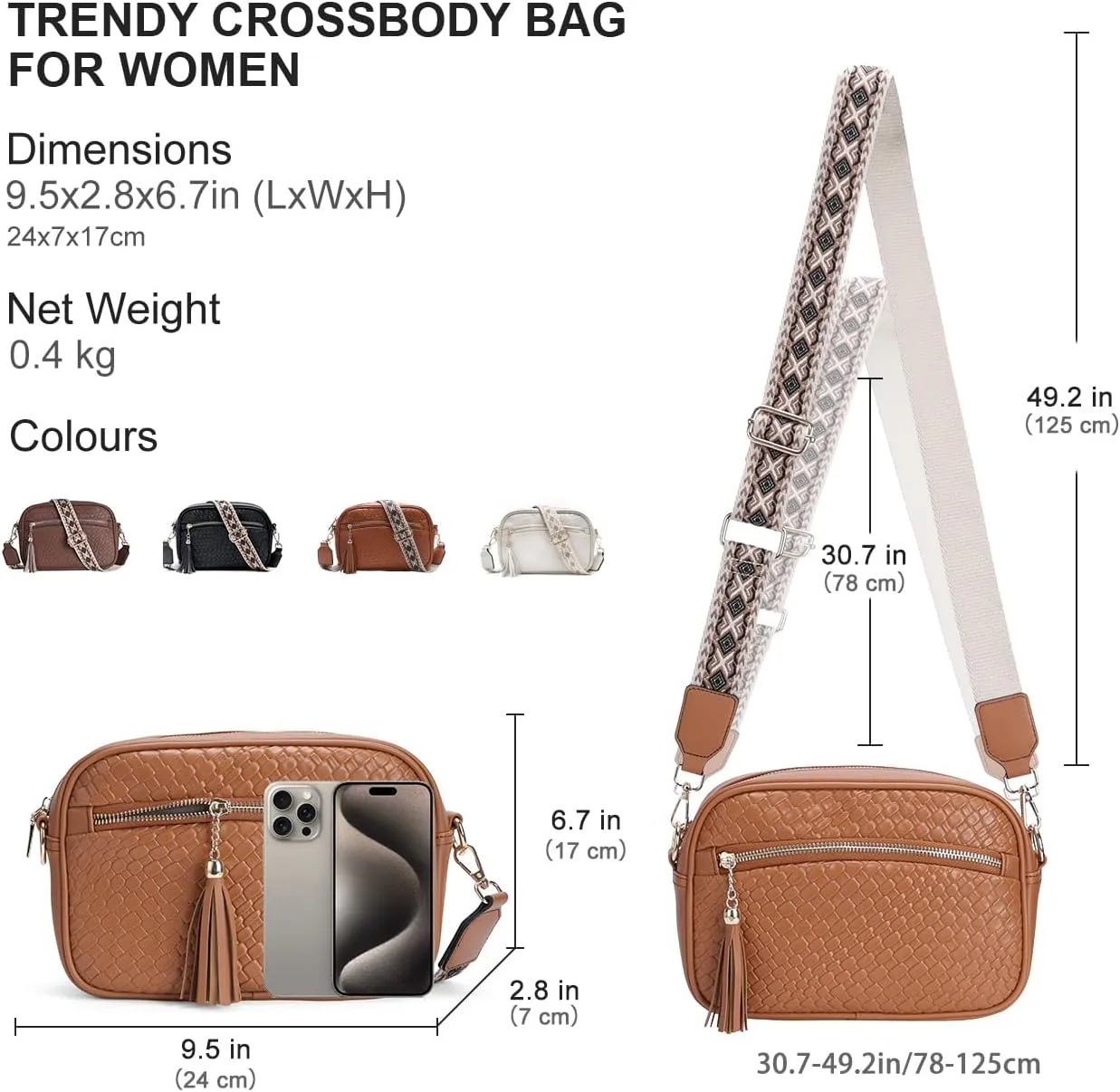 VASCHY Crossbody Purse Bags for Women, Trendy Vegan Leather Woven Small Crossover Shoulder Bag with Detachable Guitar Strap
