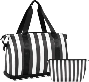Vertical Stripes Versatile Sports Travel Bag - Lasting Twill Tote, Removable Wheel & Rod Bagging, Multi-pocket Design, Complimentary Makeup Bag