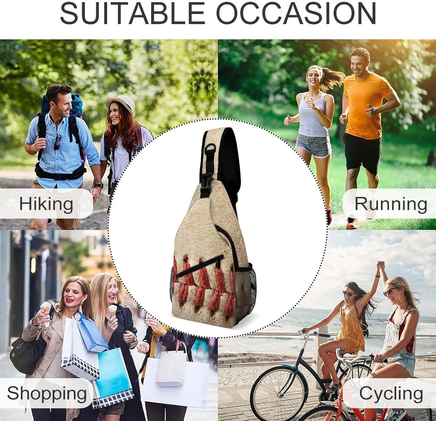Vintage Baseball Laces Sling Bag Crossbody Shoulder Backpack Adjustable Lightweight Travel Hiking Casual Daypack for Men Women