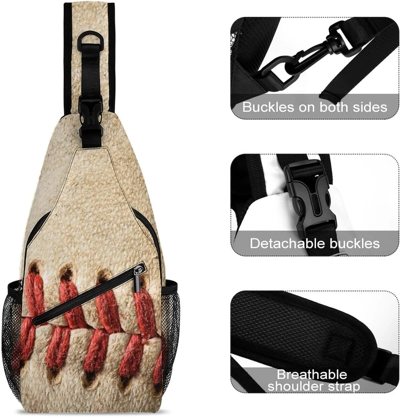 Vintage Baseball Laces Sling Bag Crossbody Shoulder Backpack Adjustable Lightweight Travel Hiking Casual Daypack for Men Women