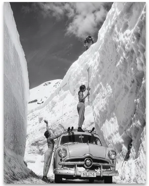Vintage Snow Canyon Photo - Women & Classic Car in Ski Scene 16x20 Unframed Poster – Retro Black-&-White Skiing Wall Art, Winter Adventure Ski Resort Decor, Apres Ski, Cabin Lodge Gifts for Ski Lovers