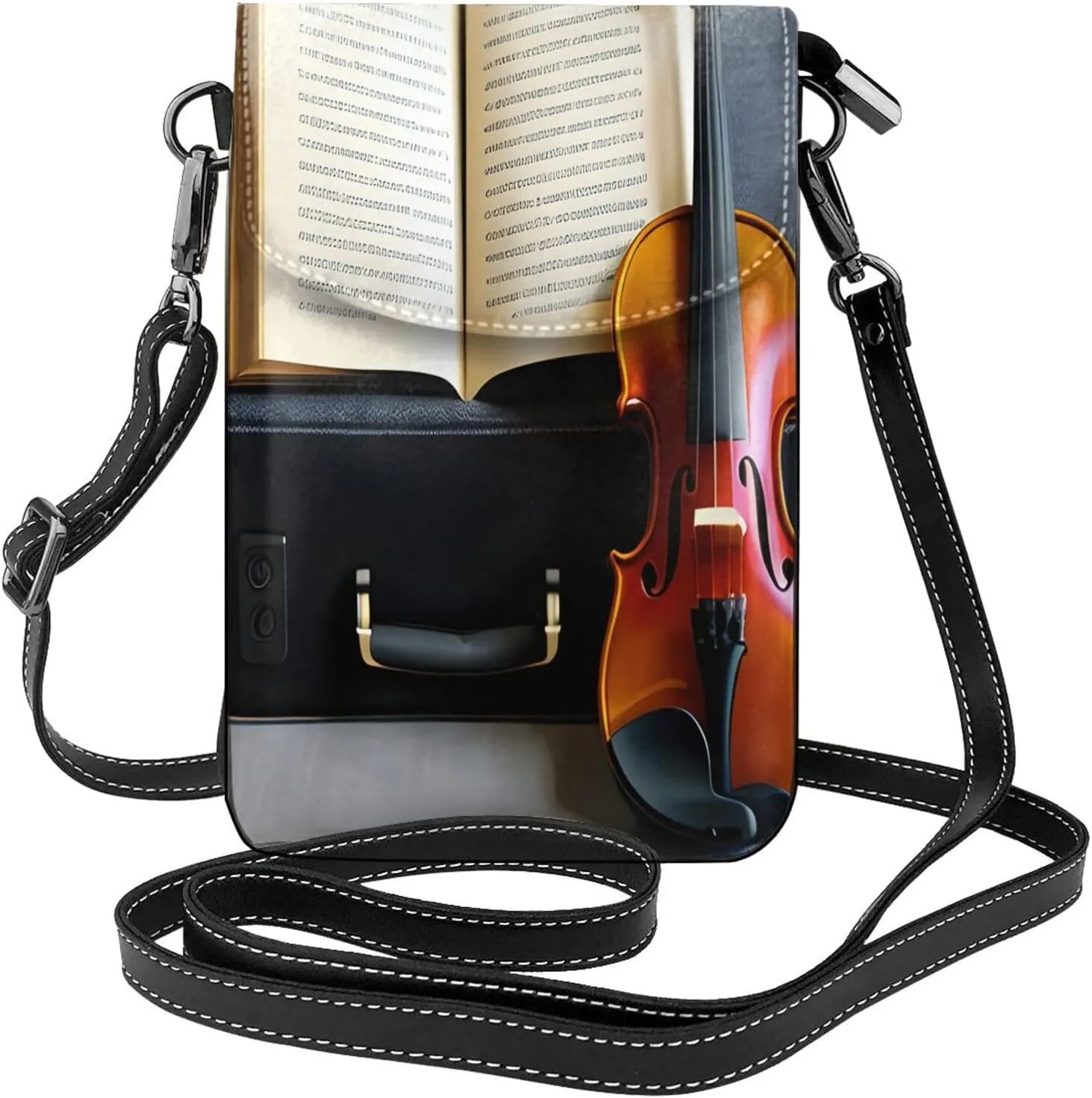 Violin and Book Print crossbody cell phone purse for women,trendy mini handbag with credit card slots