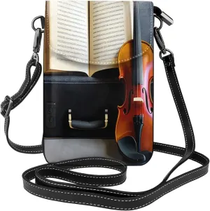 Violin and Book Print crossbody cell phone purse for women,trendy mini handbag with credit card slots