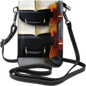 Violin And Book Print Small Cell Phone Leather Purse Adjustable Shoulder Rope Crossbody Bags For Women
