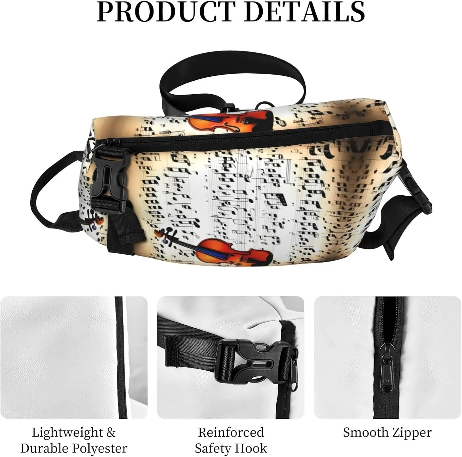 Violin Sheet Music Print Crossbody Backpack Casual Adjustable Bag Multifunctional Sling Backpack