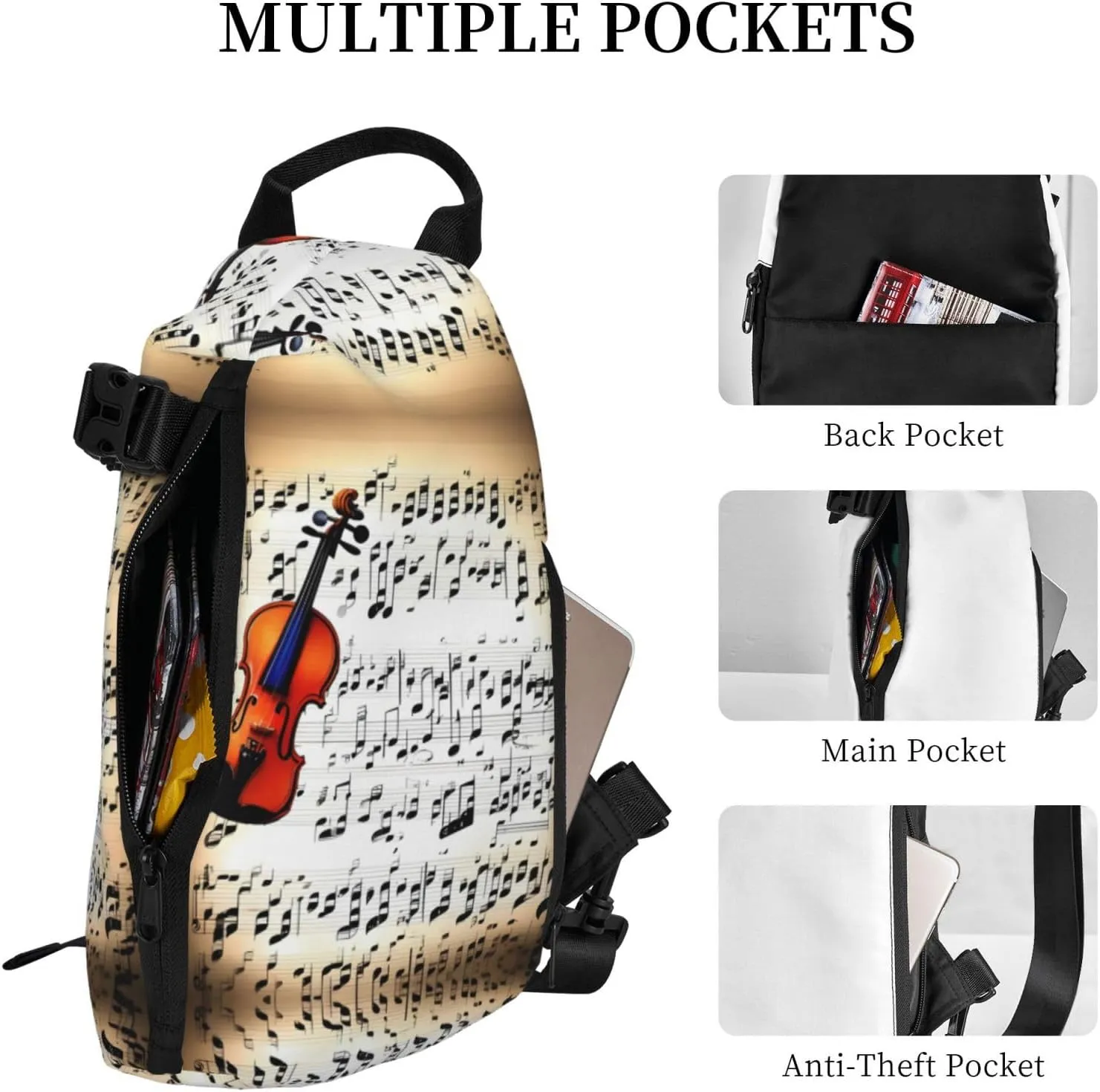 Violin Sheet Music Print Crossbody Backpack Casual Adjustable Bag Multifunctional Sling Backpack