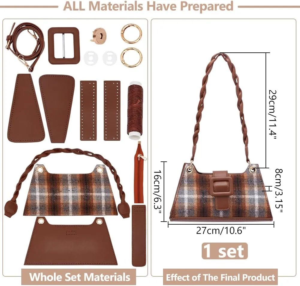 WADORN DIY Cloth Shoulder Bag Making Kits, Women's Underarm Bag Handmade Sewing Sets British Plaid Style Handbag Making Materials for Mother's Day Christmas Vintage Women Bag Making Supplies, Grey