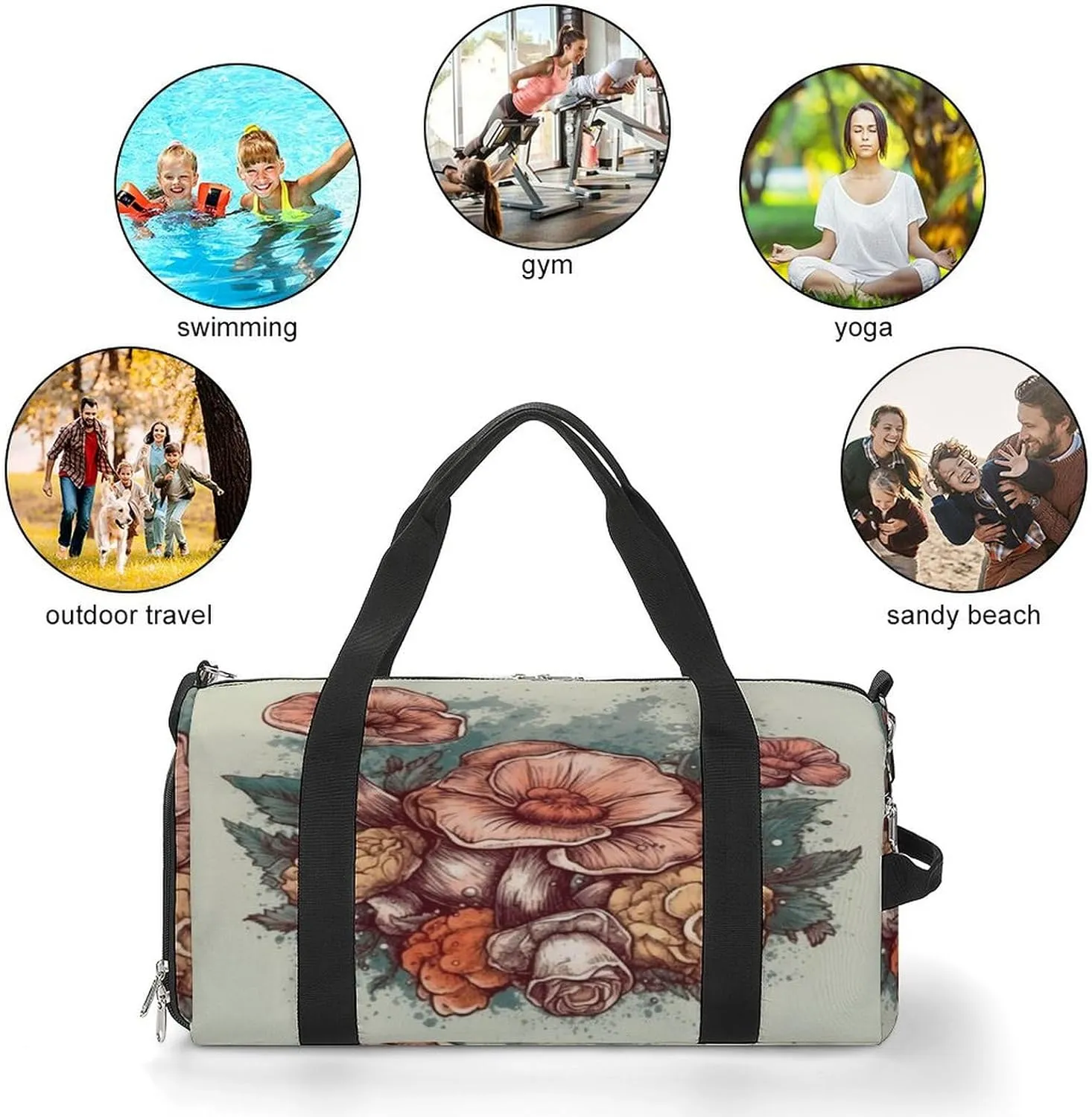 Watercolor Flowers Mushrooms Gym Bag with Shoe Compartment for Boys Girls Lightweight Travel