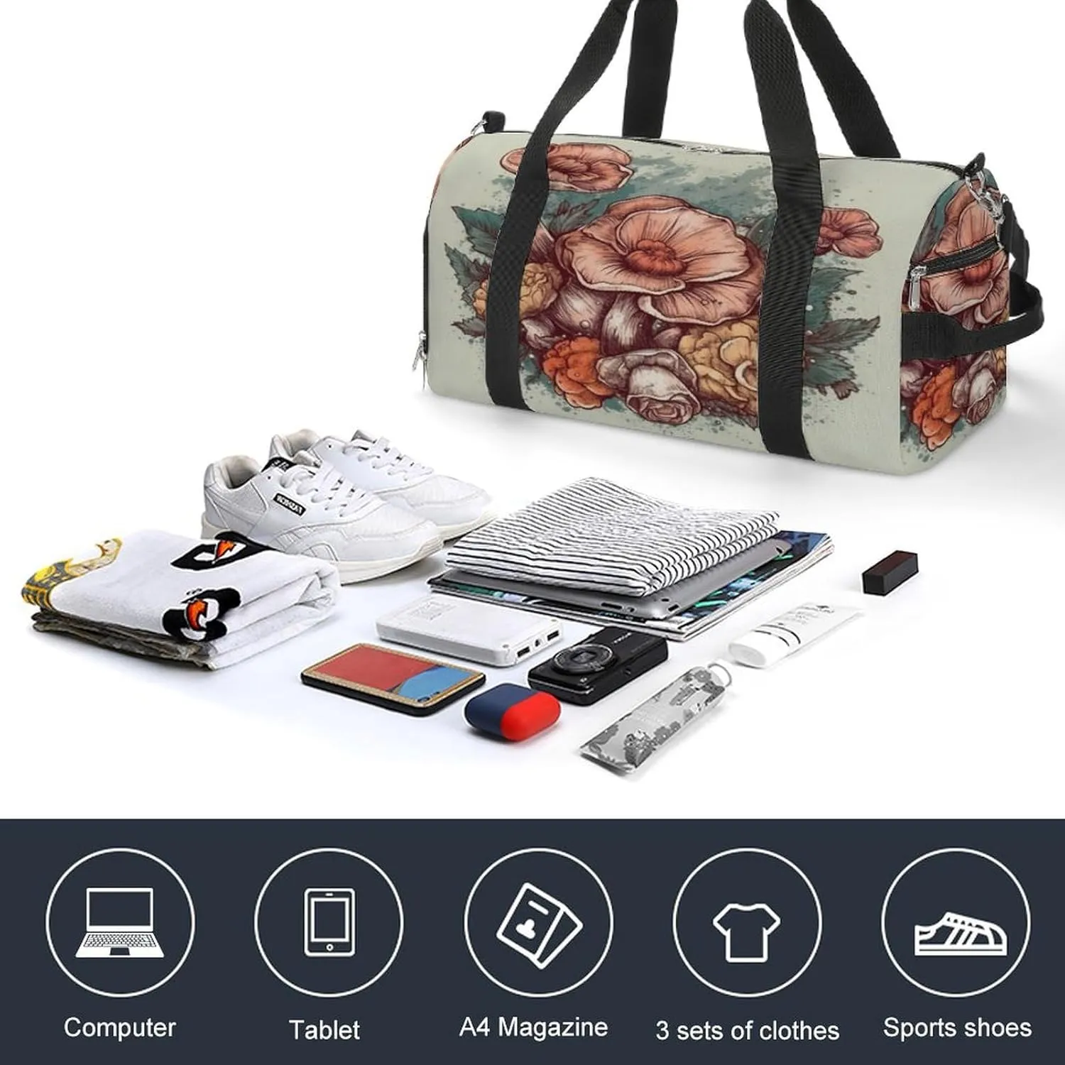 Watercolor Flowers Mushrooms Gym Bag with Shoe Compartment for Boys Girls Lightweight Travel