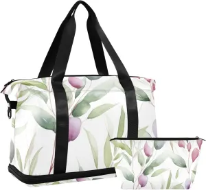 Watercolor Green Leaves with Purple Versatile Sports Travel Bag - Lasting Twill Tote, Removable Wheel & Rod Bagging, Multi-pocket Design, Complimentary Makeup Bag