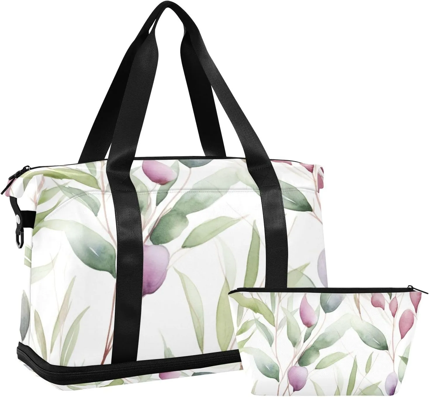 Watercolor Green Leaves with Purple Versatile Sports Travel Bag - Lasting Twill Tote, Removable Wheel & Rod Bagging, Multi-pocket Design, Complimentary Makeup Bag