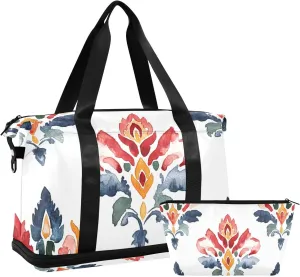 Watercolor Indian Inspired Floral Pattern Versatile Sports Travel Bag - Lasting Twill Tote, Removable Wheel & Rod Bagging, Multi-pocket Design, Complimentary Makeup Bag