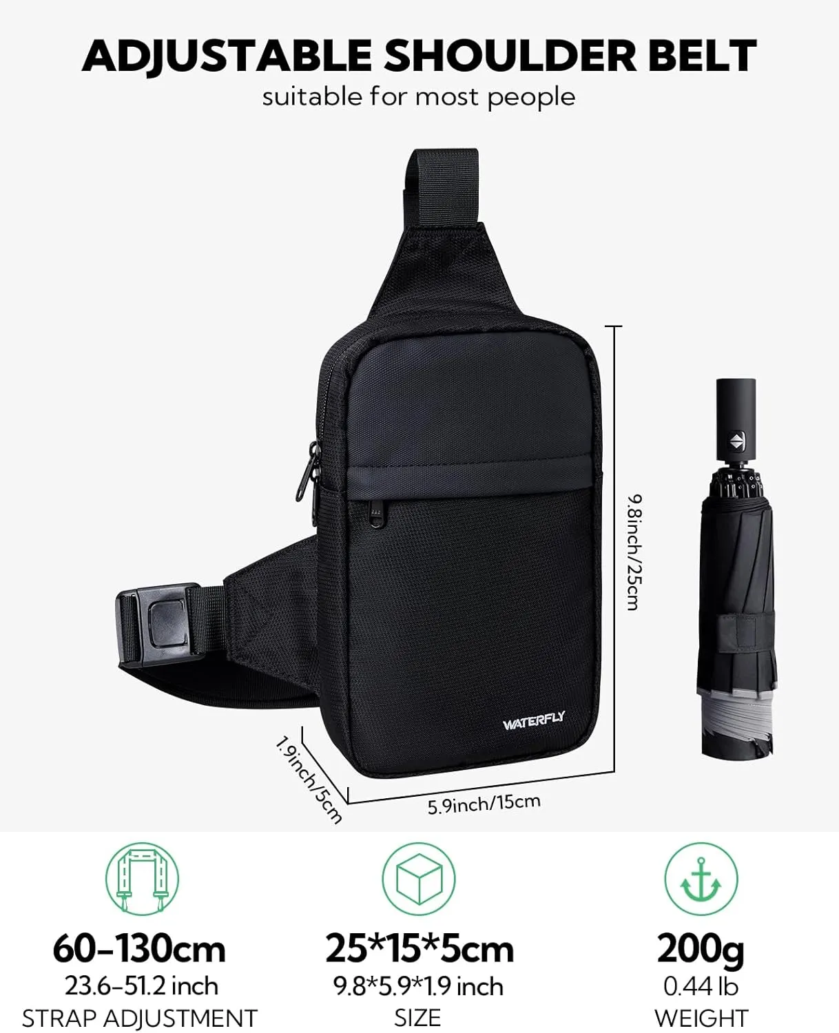 WATERFLY Mini Sling Crossbody Bag: Dual Pocket Small Shoulder Bag Lightweight Casual Phone Chest Bag Daypack for Travel
