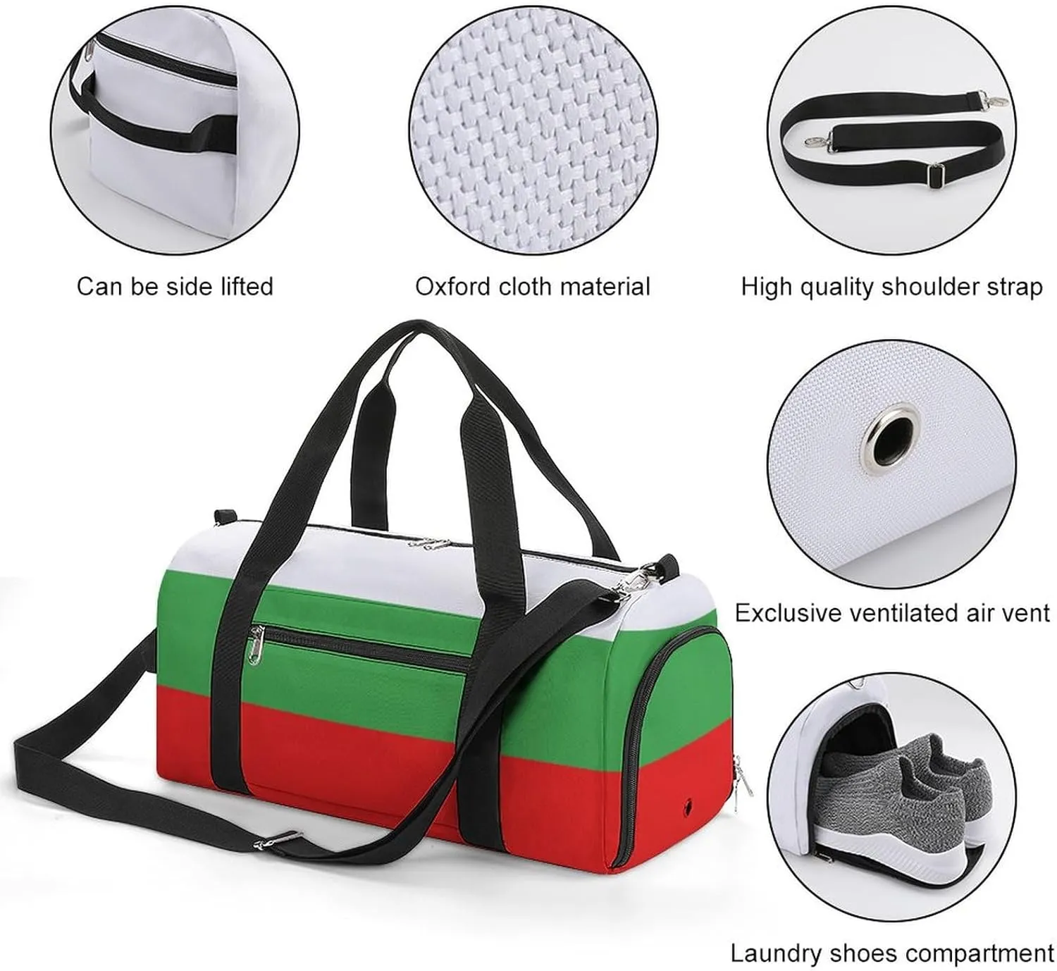 Waterproof Bulgaria Flag Sports Duffel Bag for Men Women with Shoe Compartment and Wet Pocket