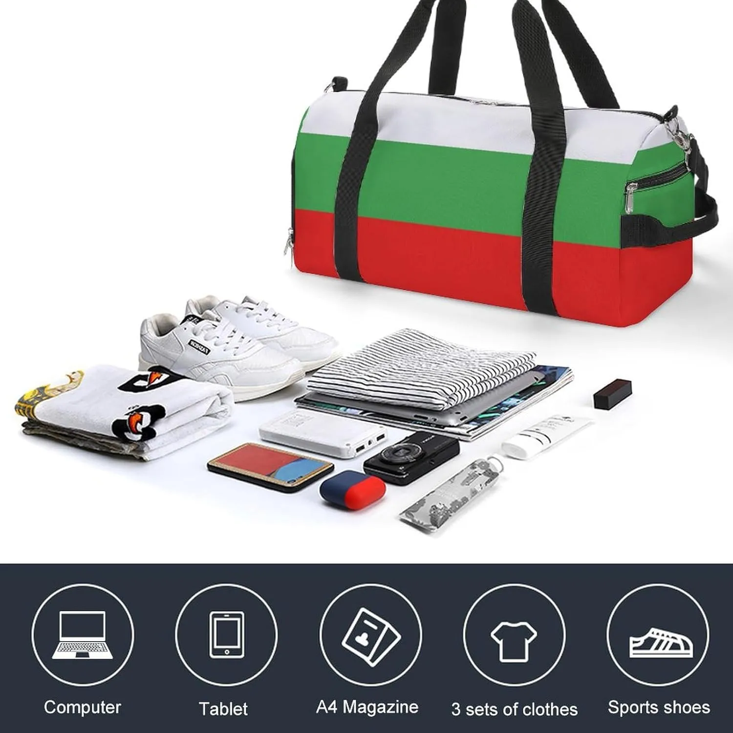 Waterproof Bulgaria Flag Sports Duffel Bag for Men Women with Shoe Compartment and Wet Pocket