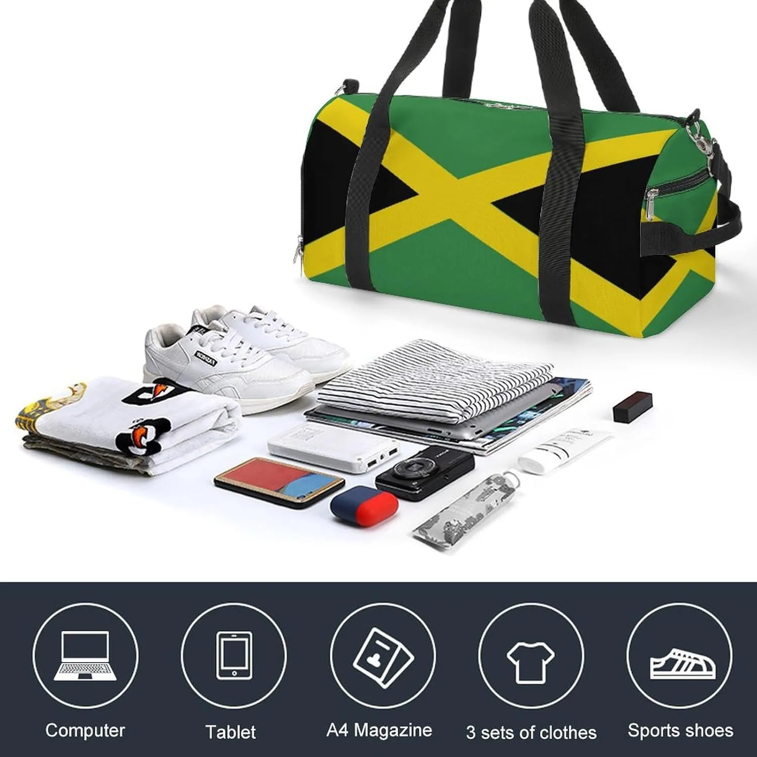 Waterproof Travel Duffel Bag Jamaican Flag for Men Women Shoe Compartment