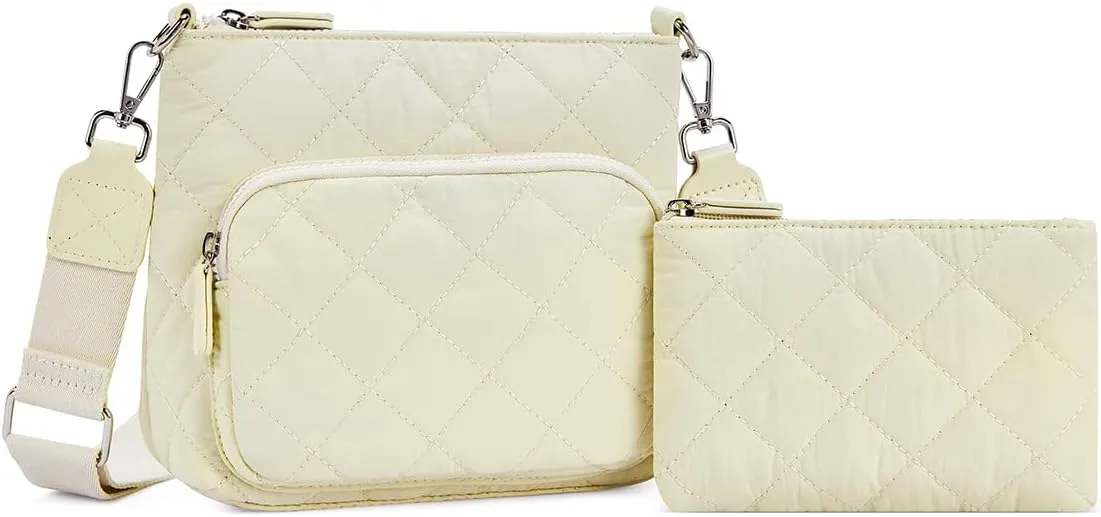 WESTBRONCO Quilted Crossbody Bags for Women Multi Zipper Pockets Nylon Purses with Wallet Set