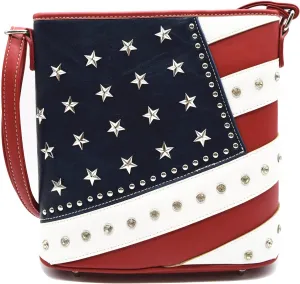 WESTERN ORIGIN American Flag Stars and Stripes Studs Crossbody Handbag USA Patriotic Women Purse Leather Single Shoulder Bag