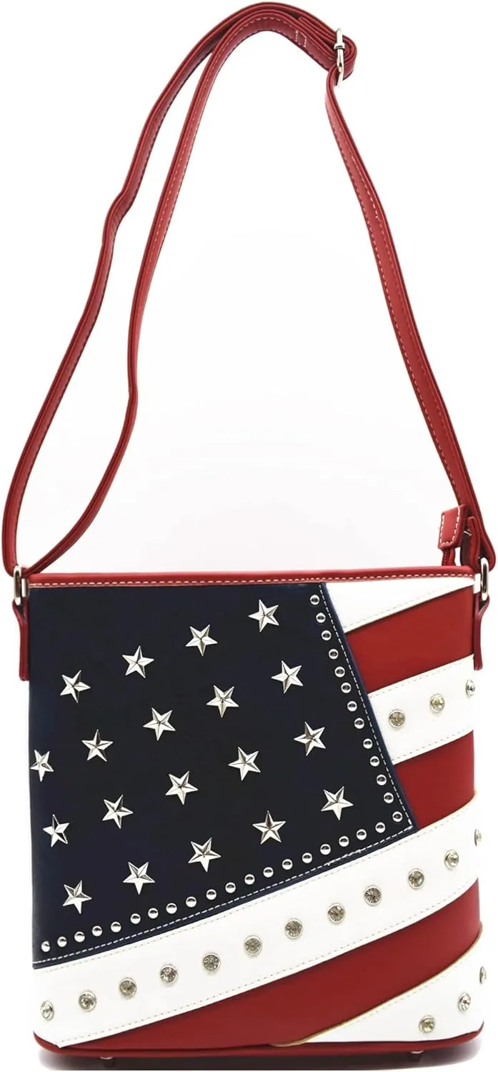 WESTERN ORIGIN American Flag Stars and Stripes Studs Crossbody Handbag USA Patriotic Women Purse Leather Single Shoulder Bag