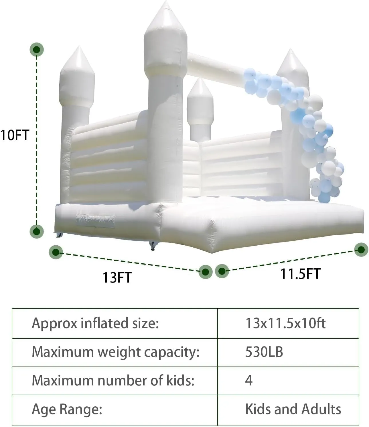 White Bounce House for Adults Kids, 100% PVC Commercial Grade Bounce House with 750W Blower Large Inflatable Balloon House for Birthday Party Wedding Gender Reveal and Other Celebrations 13x11.5x10ft