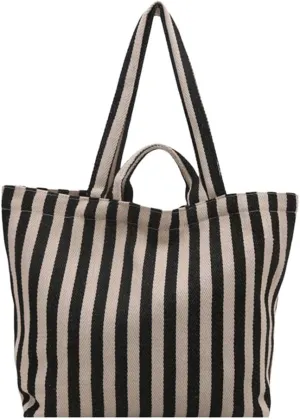 Women Canvas Bag Large Capacity Shoulder Bag Striped Handbag All-Matching Everyday Bag Students School Bag Shopping Bag