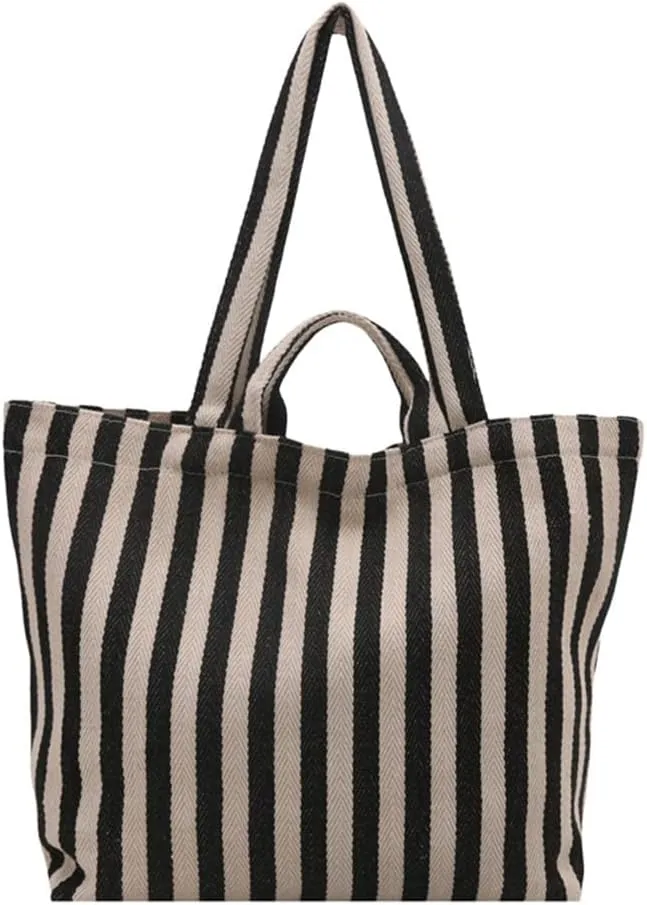 Women Canvas Bag Large Capacity Shoulder Bag Striped Handbag All-Matching Everyday Bag Students School Bag Shopping Bag