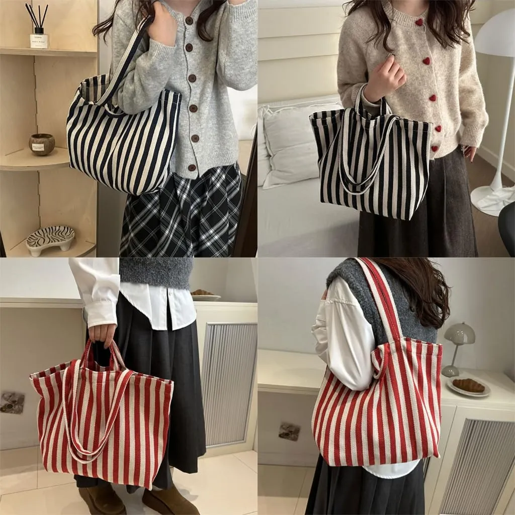 Women Canvas Bag Large Capacity Shoulder Bag Striped Handbag All-Matching Everyday Bag Students School Bag Shopping Bag